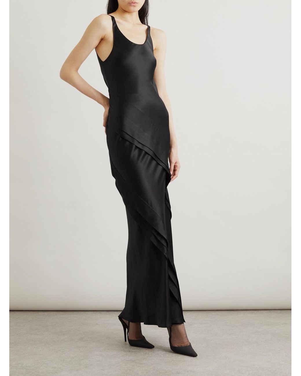 Saint Laurent Black Asymmetric Tiered Silk-Satin Maxi Dress