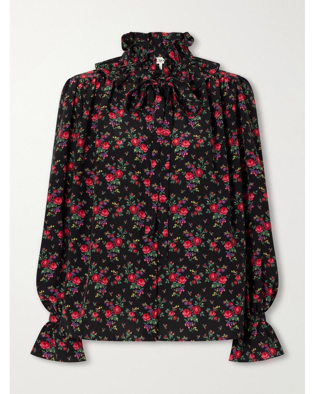 Chloé Black Ruffled-Collar Floral-Print Silk Crepe De Chine Blouse