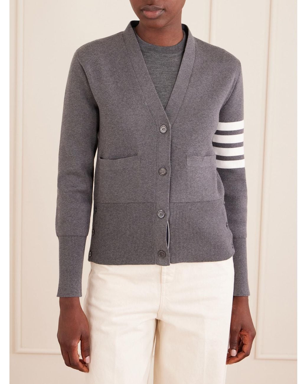 Thom Browne Gray Grosgrain-Trimmed Striped Cotton Cardigan