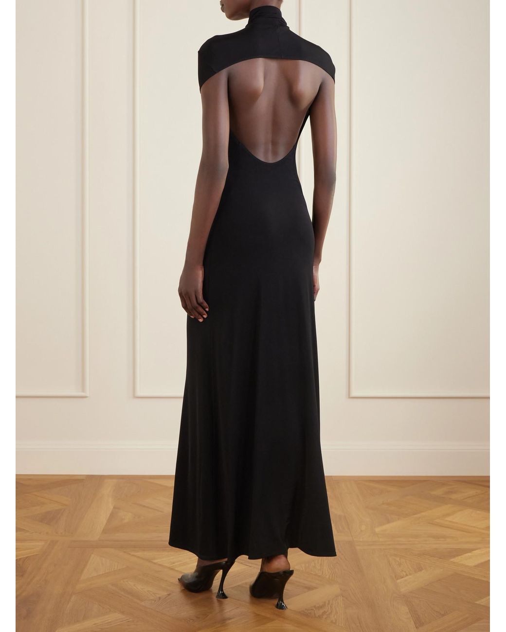 Colleen Allen Black Open-Back Jersey Turtleneck Gown