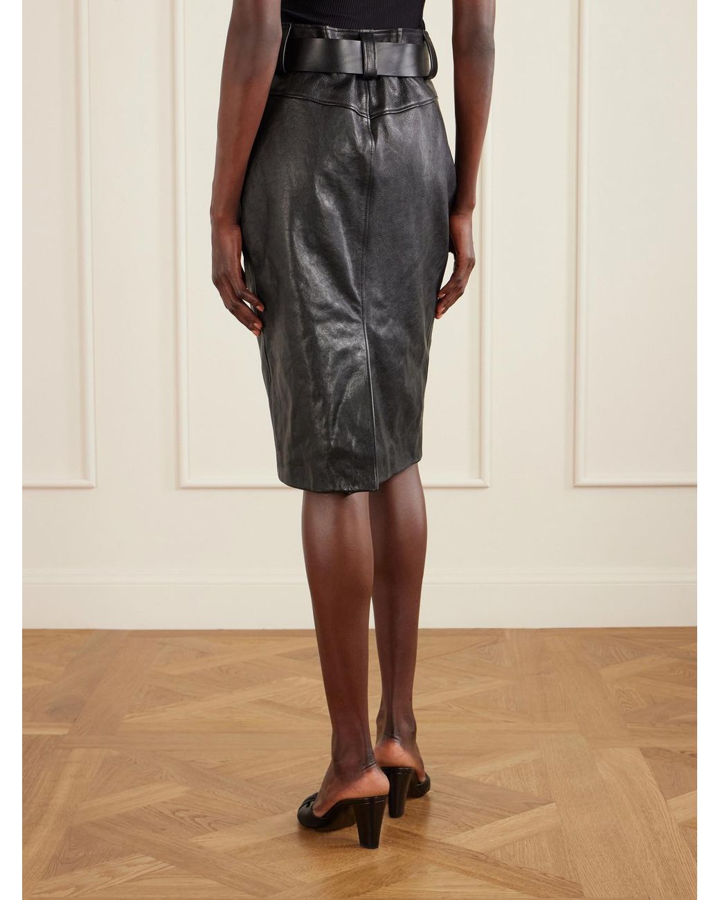 Saint Laurent Black Belted Textured-Leather Skirt