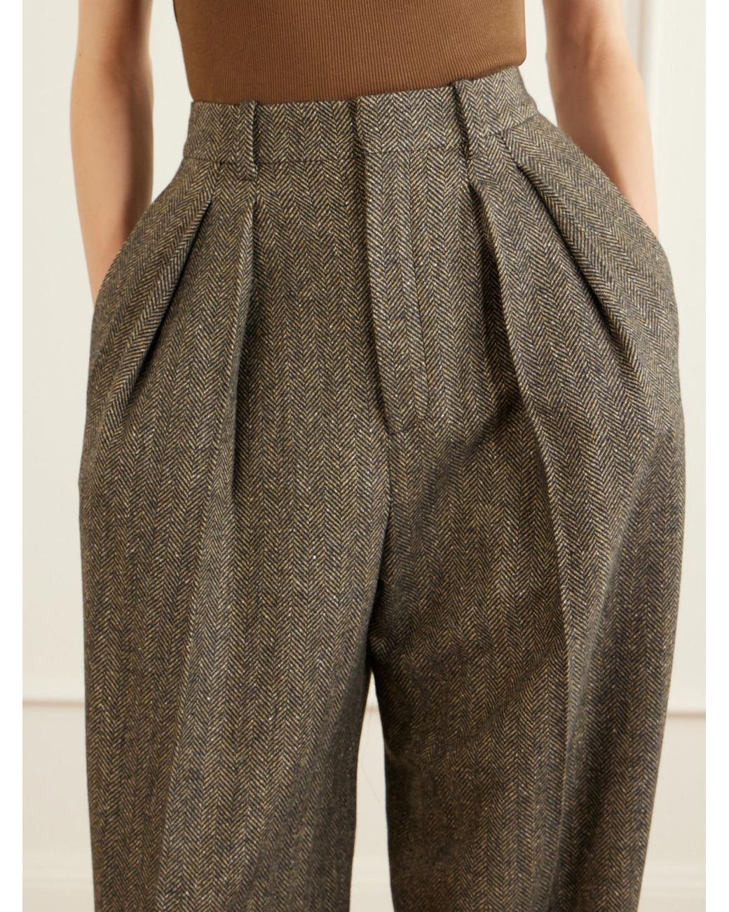 Saint Laurent Natural Pleated Herringbone Wool-Blend Straight-Leg Pants