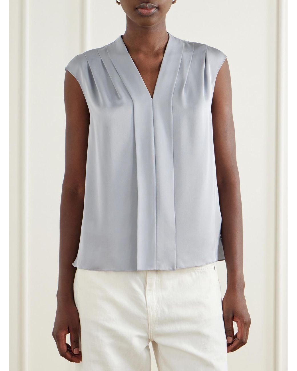 Theory Blue Pleated Silk-Satin Blouse