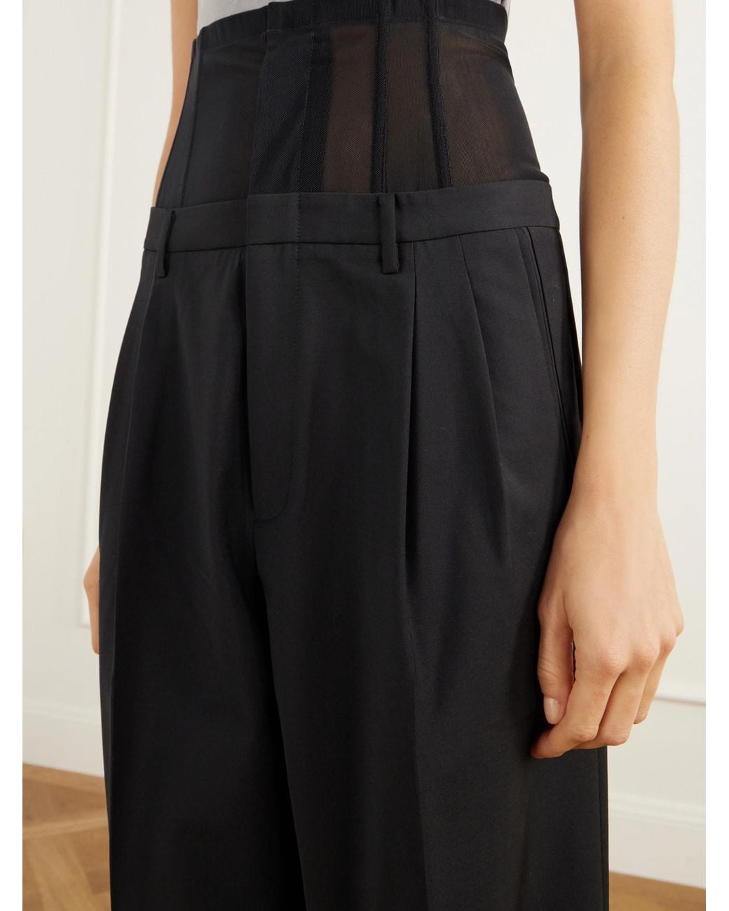 Tibi Black Mesh-Trimmed Pleated Fresco Straight-Leg Pants