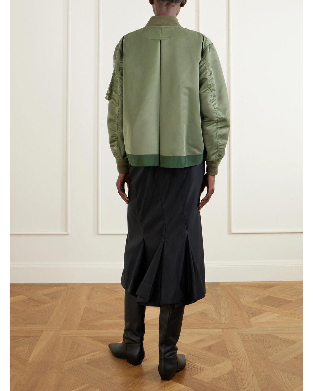 Sacai Green Pleated Padded Shell Bomber Jacket