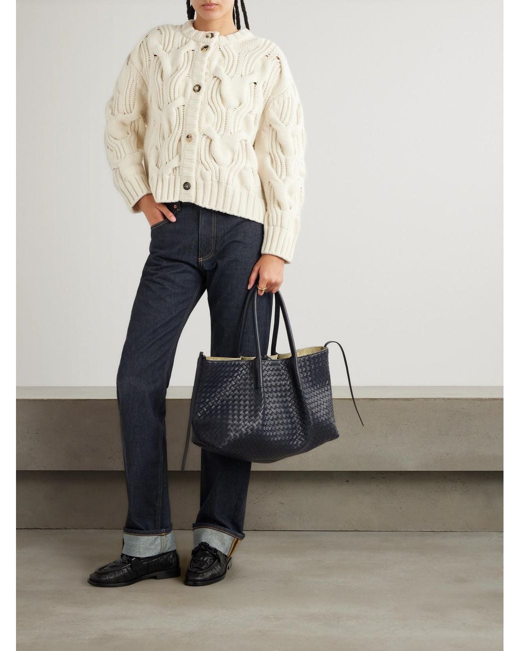 Bottega Veneta Natural Cropped Cable-Knit Wool Cardigan