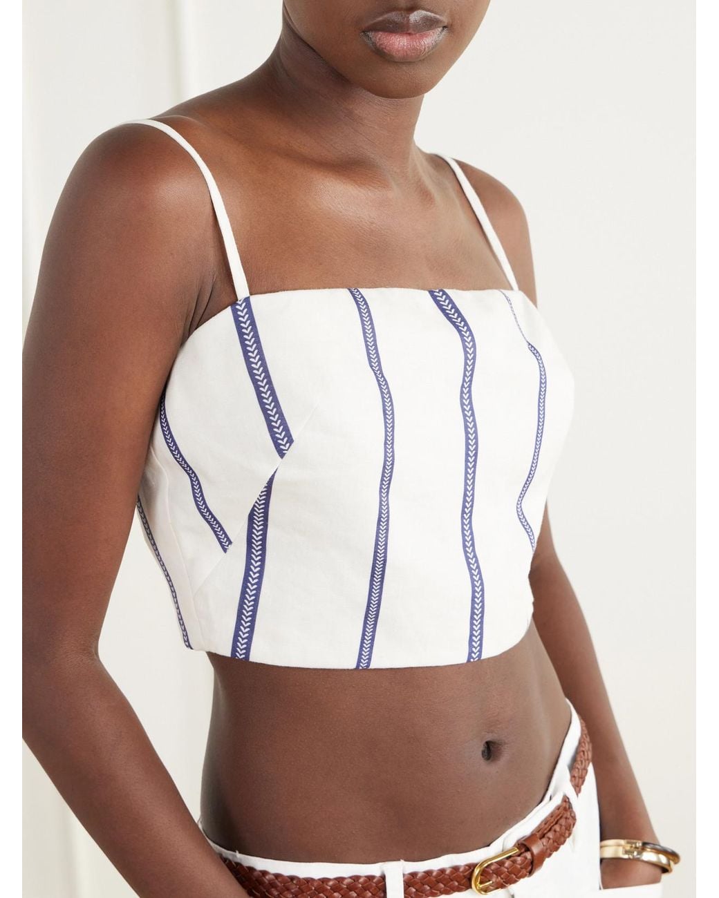 ANDRES OTALORA White Tierra Sagrada Cropped Striped Linen-Woven Top