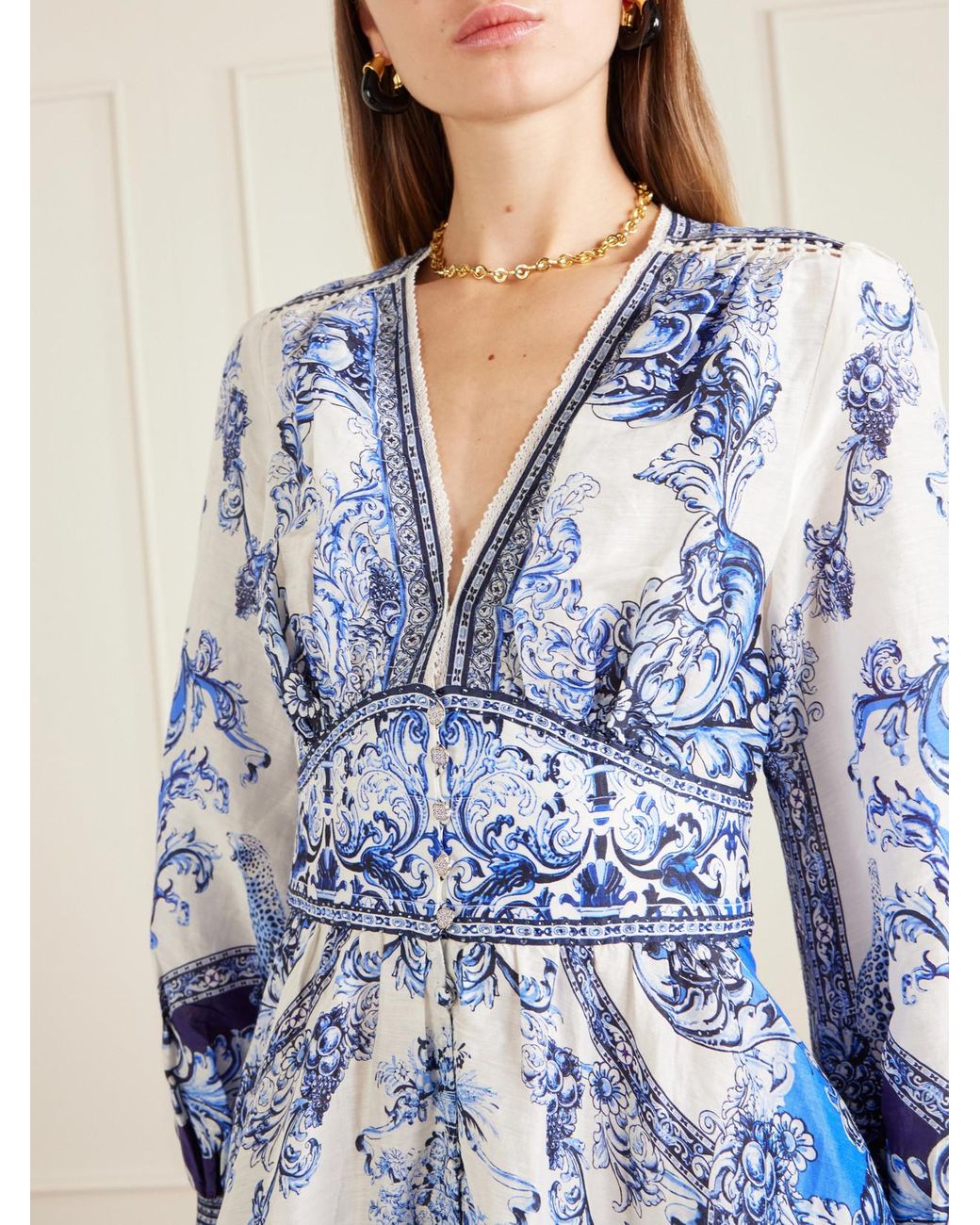 Camilla Blue Crystal-Embellished Printed Linen And Silk-Blend Maxi Dress