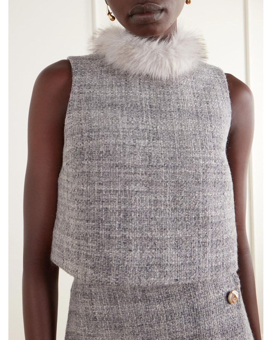 Cara Cara Gray Gina Plush-Trimmed Wool-Blend Tweed Top