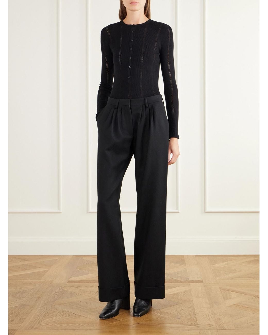 Gabriela Hearst Black Olea Ribbed Pointelle-Knit Wool Henley Top