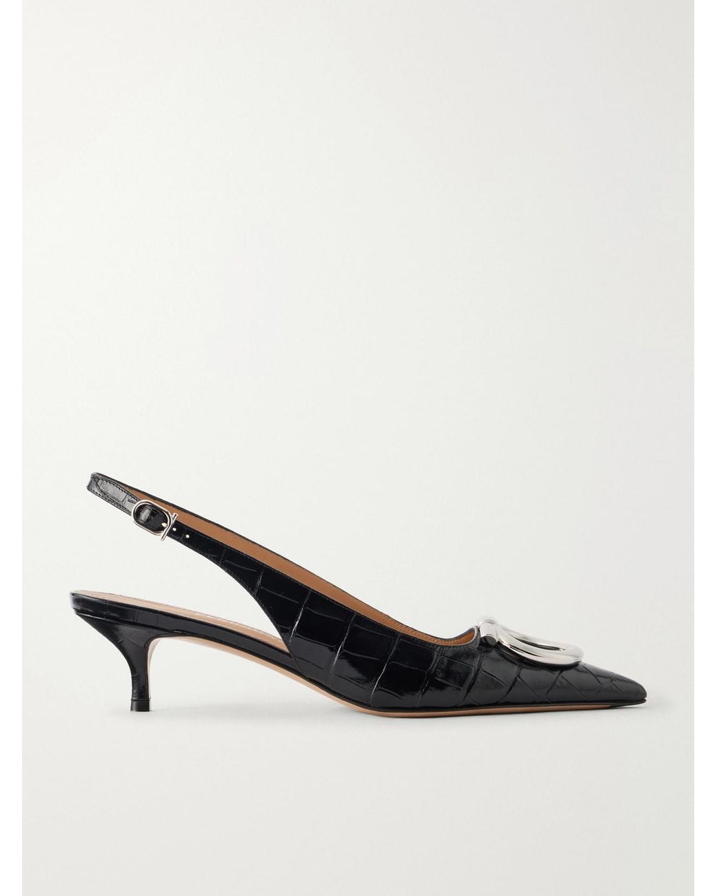 Ferragamo Natural Sara 40 Embellished Croc-Effect Leather Slingback Pumps