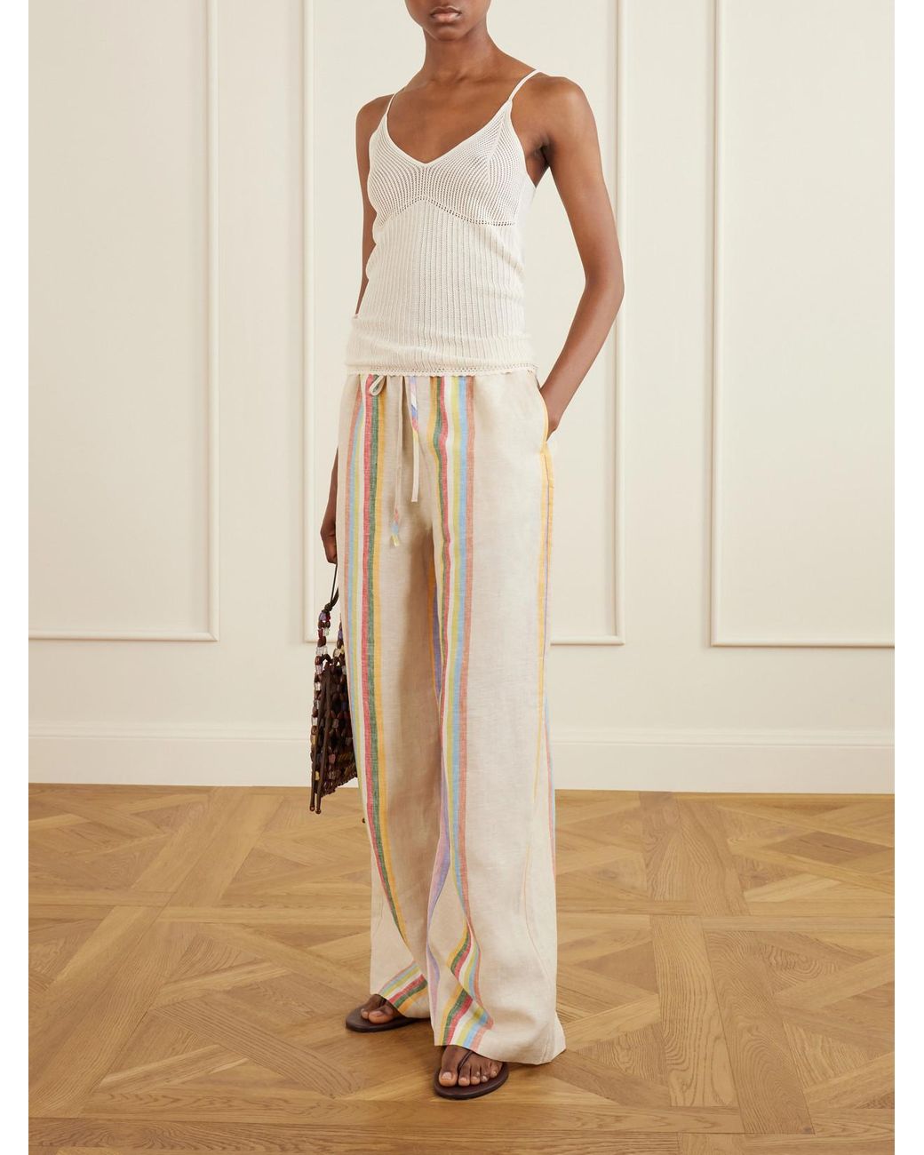 Staud Natural Mateo Striped Linen Wide-Leg Pants
