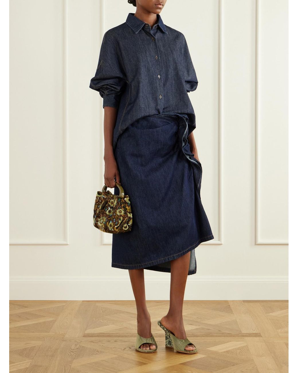 Dries Van Noten Green Bead-Embellished Printed Leather-Trimmed Velvet Shoulder Bag