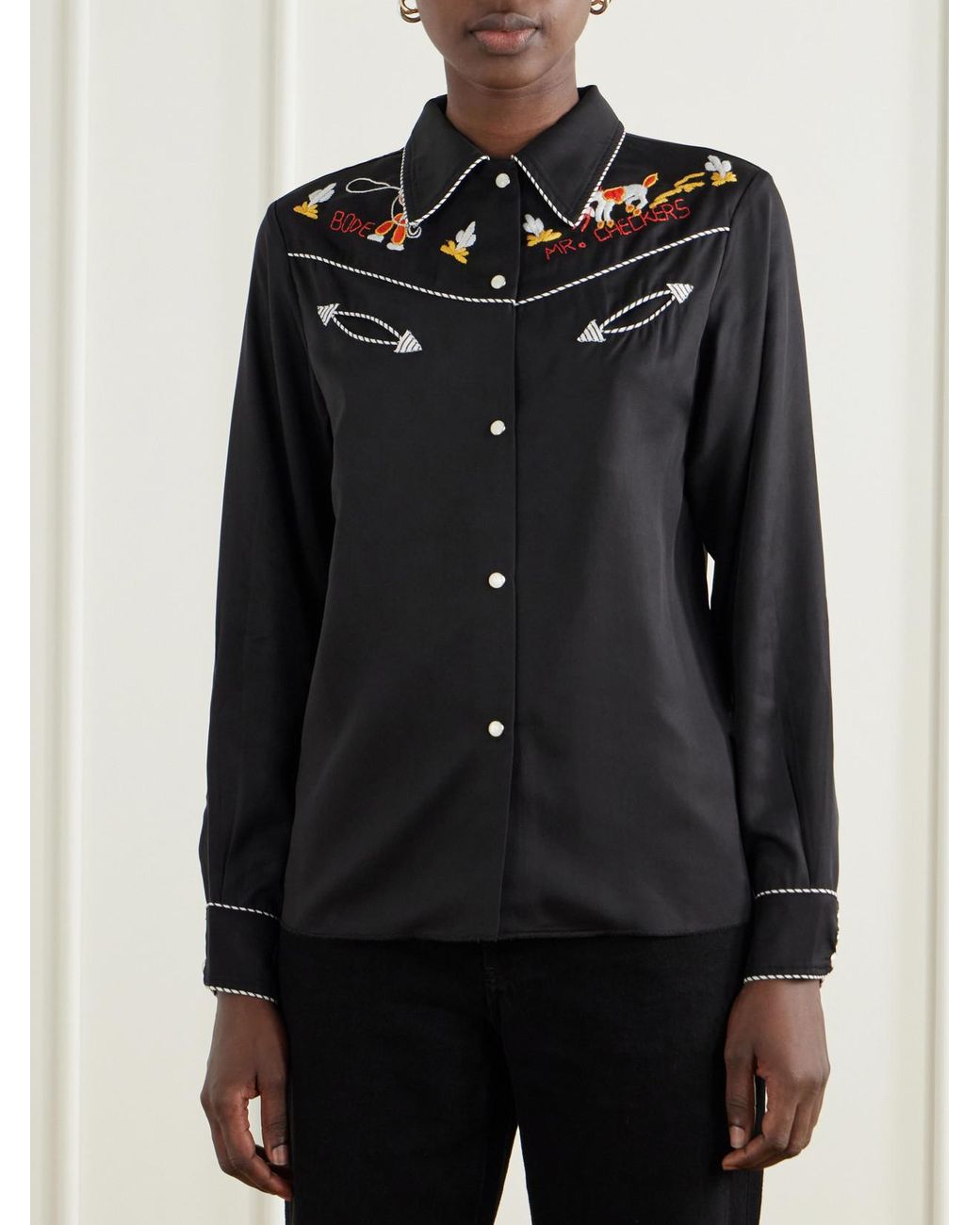 Bode Black Checkers Western Embroidered Poplin Blouse