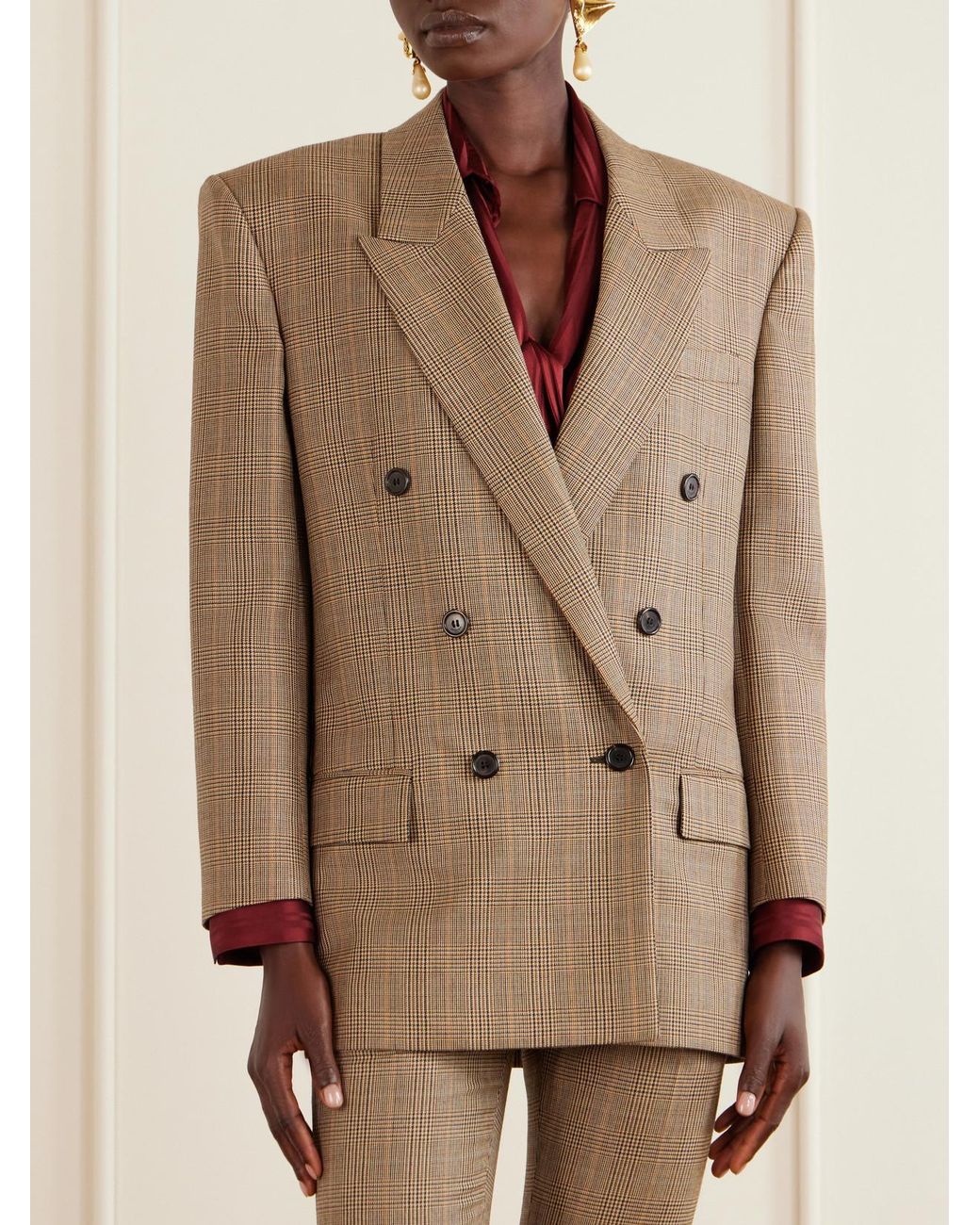 Saint Laurent Natural Double-Breasted Prince Of Wales Checked Wool Blazer