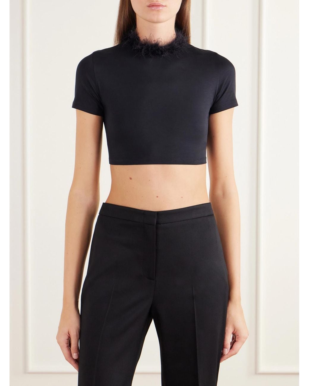 Gucci Blue Feather-Trimmed Cropped Stretch-Jersey Top