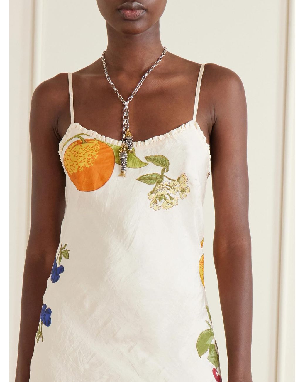 Alix Of Bohemia Natural Athens Nine Fruit Printed Silk Midi Dress