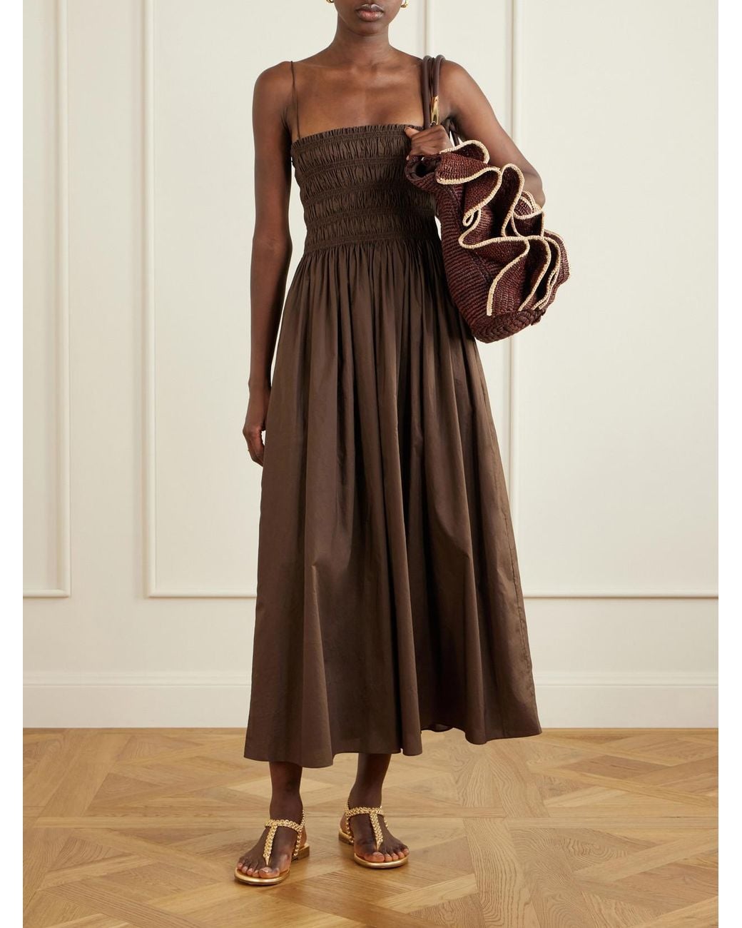 Zimmermann Brown Goldentime Ruffled Leather-Trimmed Raffia Medium Tote