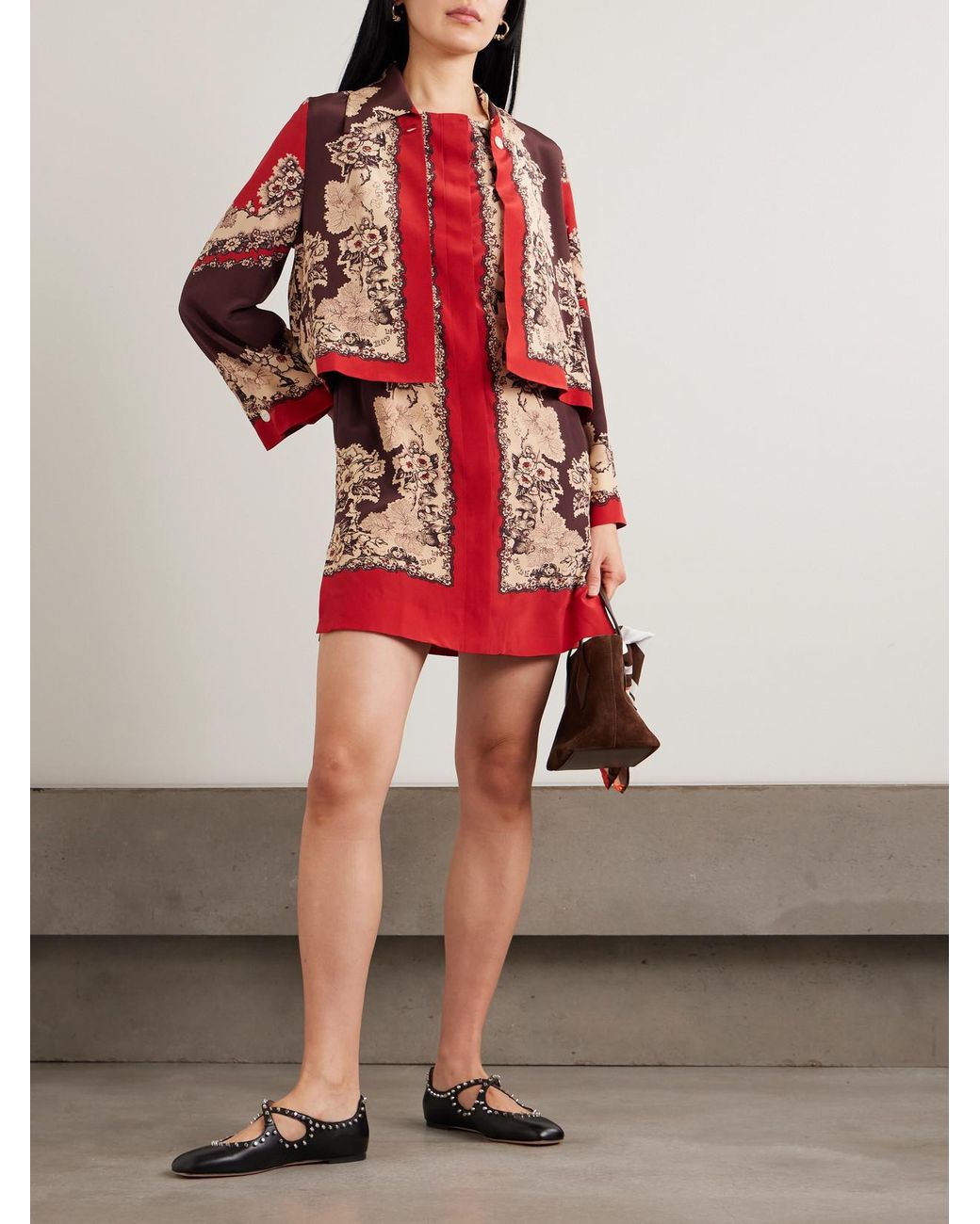 Bode Red Storybook Printed Silk Mini Dress
