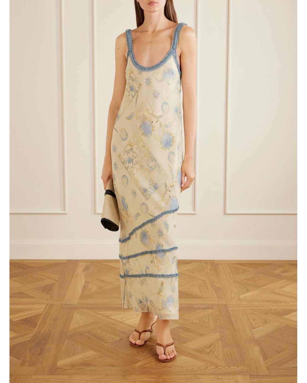 Sir White Cecile Ruffled Printed Chiffon Maxi Dress