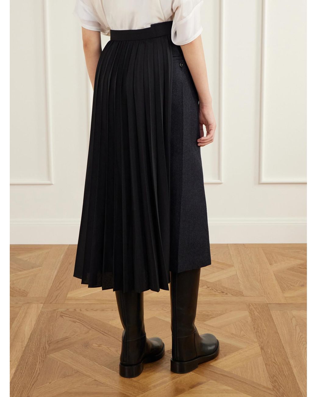 Sacai Black Pleated Herringbone Wool-Blend Midi Skirt