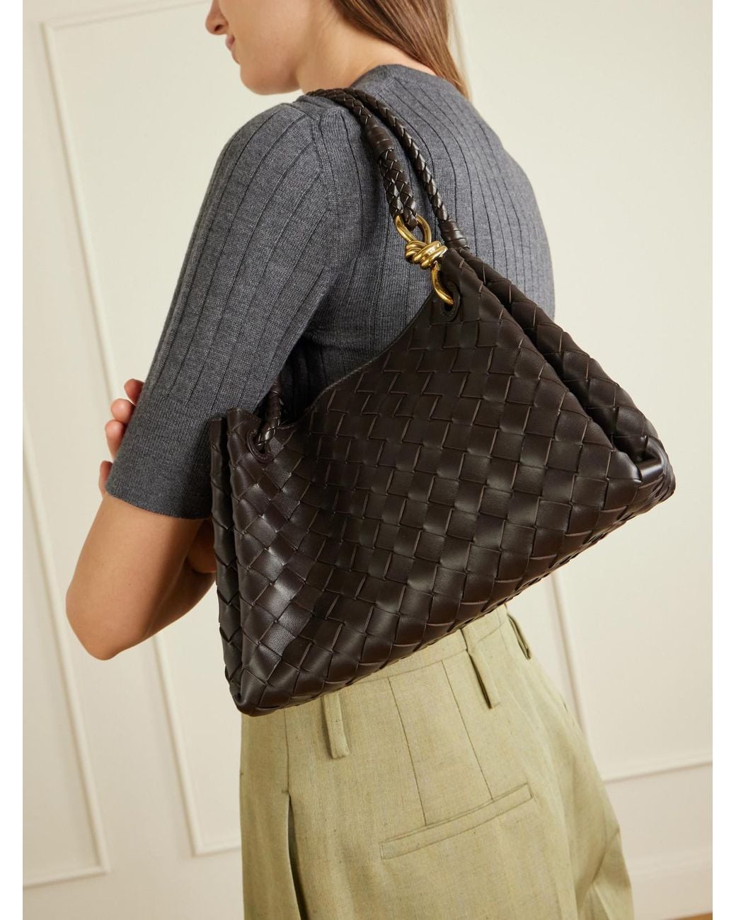 Bottega Veneta Black Parachute Medium Intrecciato Leather Shoulder Bag
