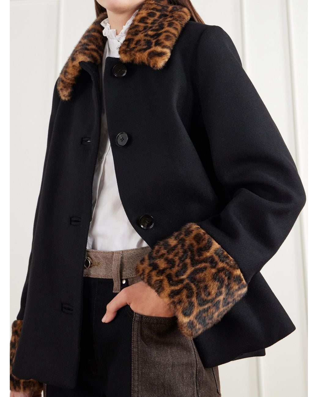 Rixo Black Aldith Leopard Plush-Trimmed Melton Wool-Blend Jacket