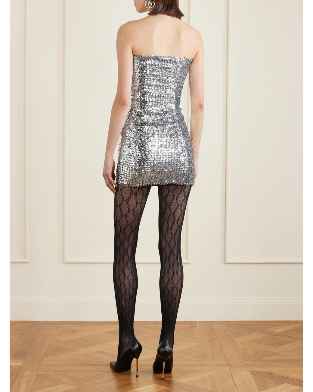 Gucci Gray Strapless Sequined Mesh Mini Dress