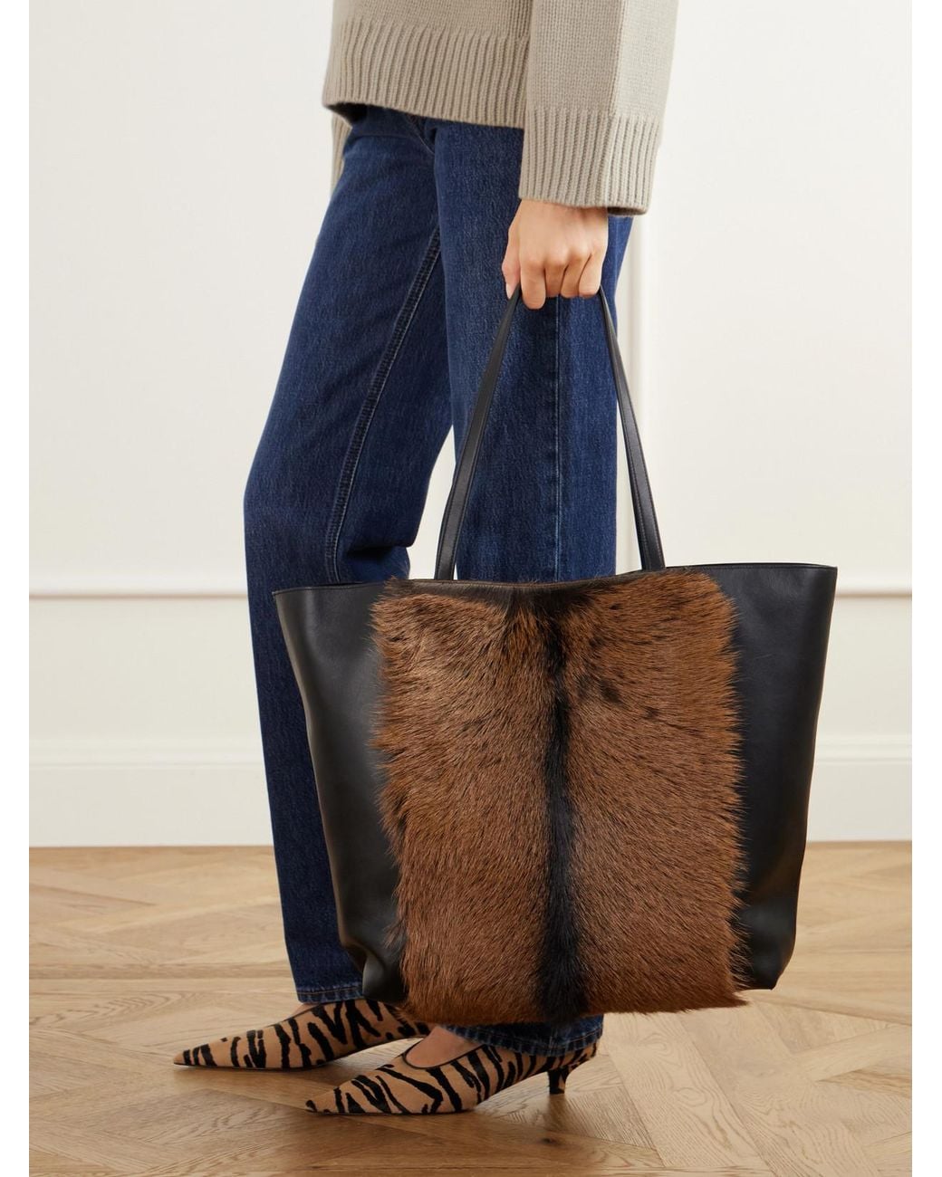 Totême  Brown Roam Pony Hair-Trimmed Leather Tote