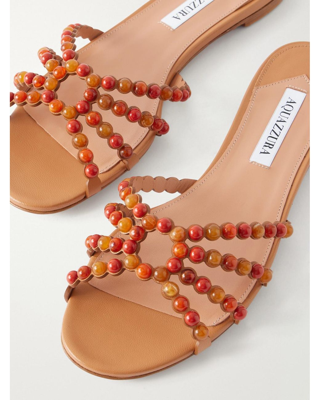 Aquazzura Natural Gemma Embellished Leather Sandals