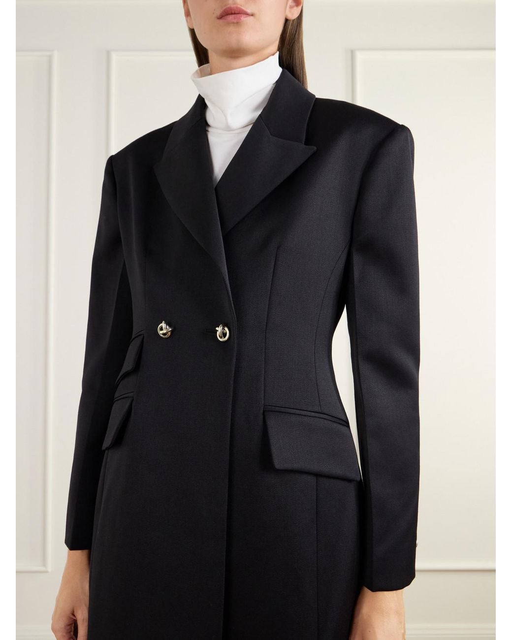 RÙADH Black The Ophelia Double-Breasted Satin-Trimmed Wool-Twill Coat