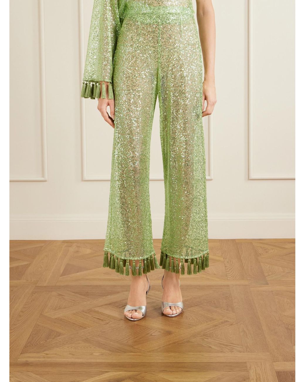 Taller Marmo Green Sequined Fringed Flared Pants