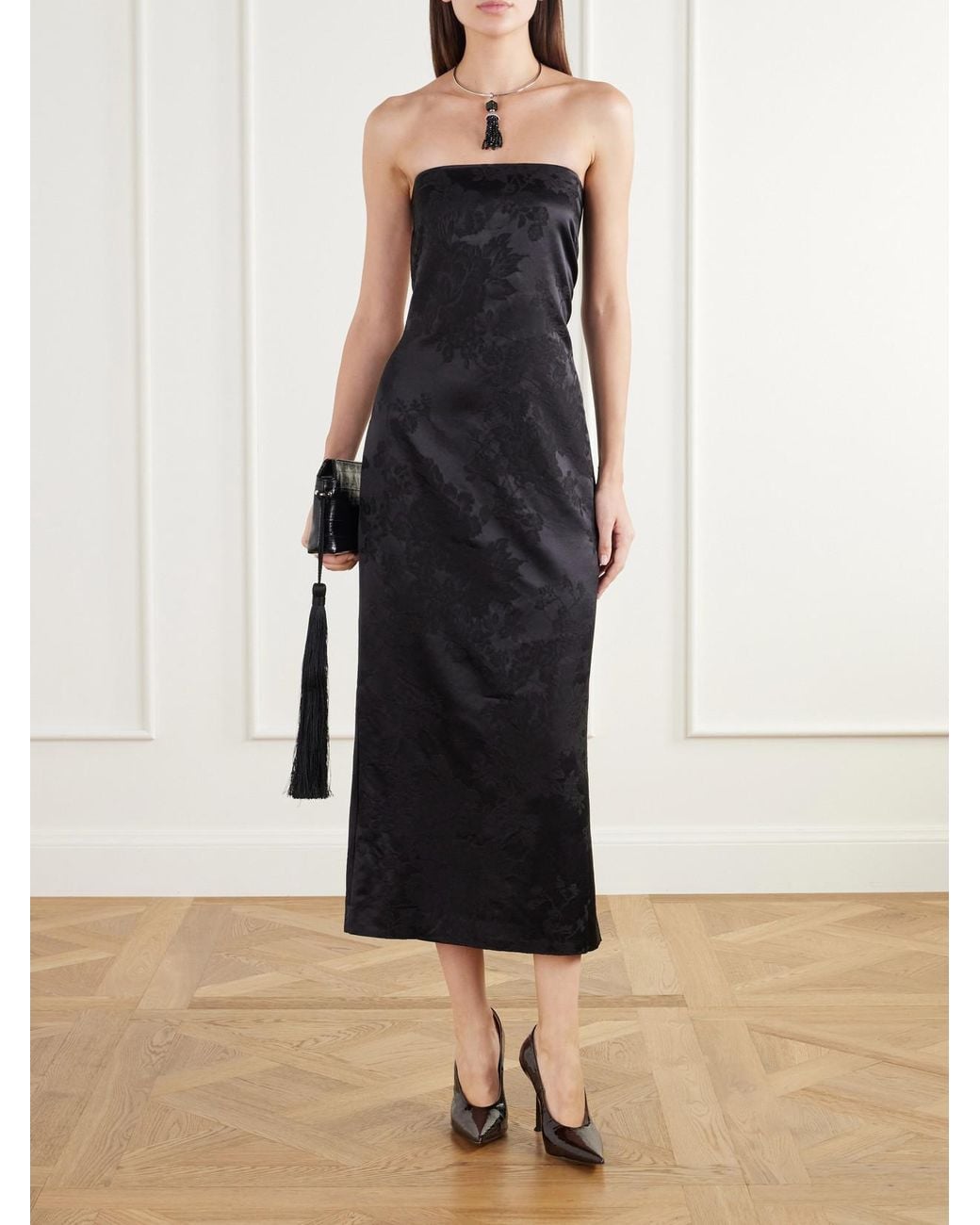 St. Agni Black Strapless Floral-Jacquard Wool And Silk-Blend Midi Dress