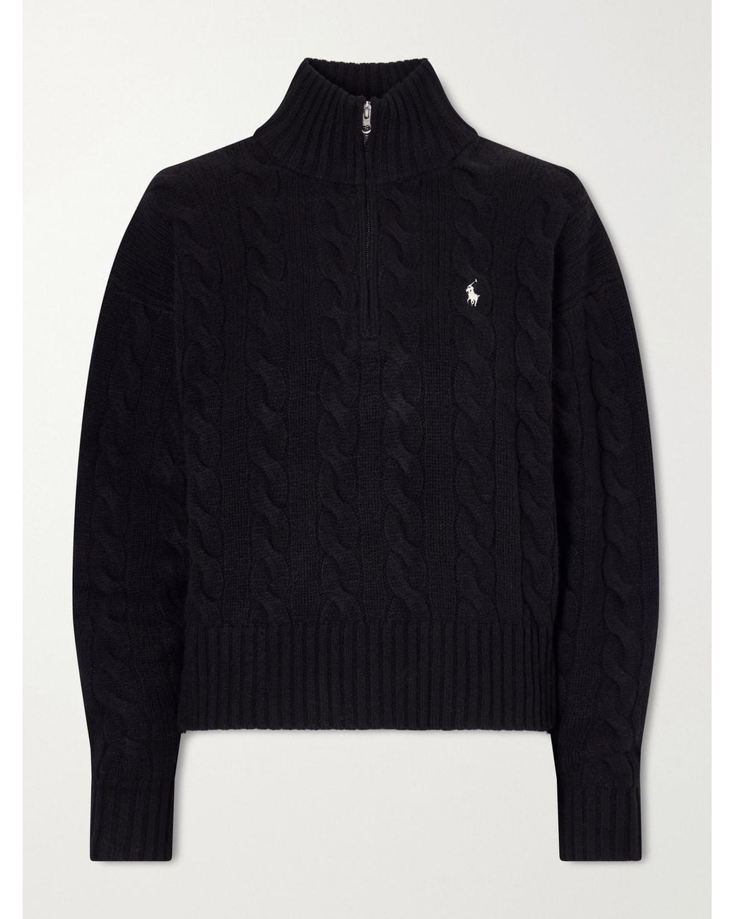 Polo Ralph Lauren Blue Logo-Embroidered Cable-Knit Wool And Cashmere-Blend Half-Zip Sweater