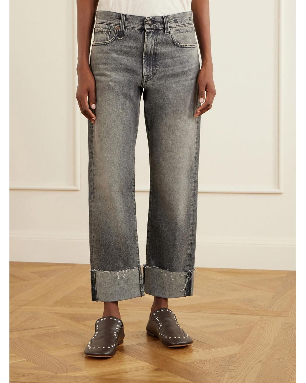 R13 Gray Cuffed Romeo Cropped Frayed Mid-Rise Straight-Leg Jeans