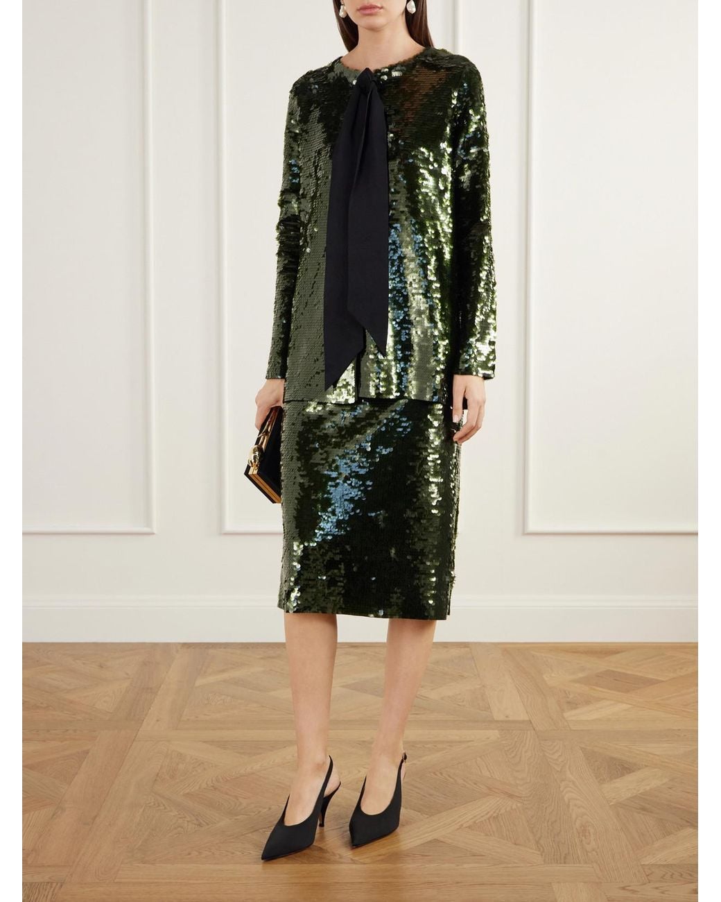 Carolina Herrera Green Bow-Detailed Sequined Knitted Cardigan