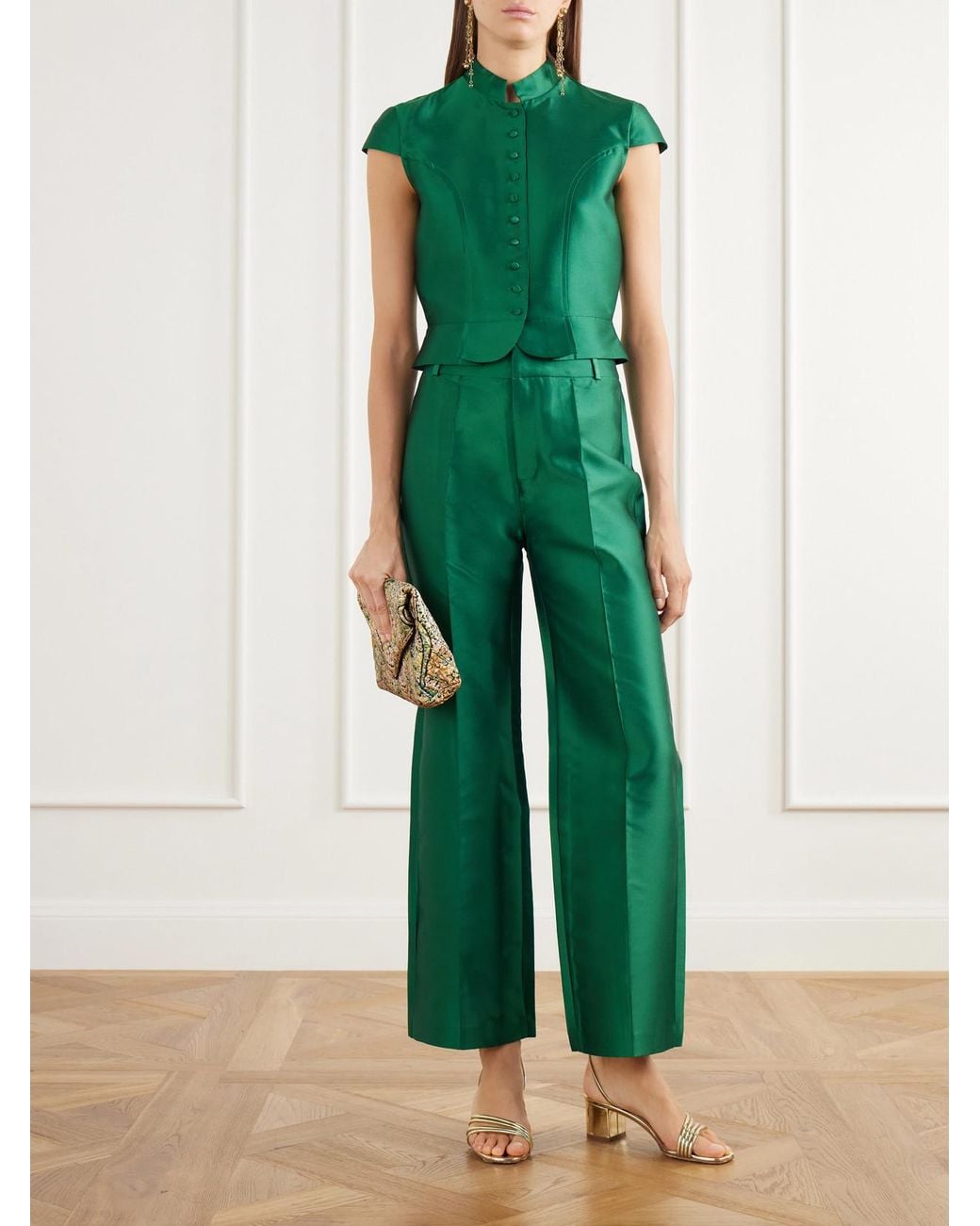 D'Estree Green Yoshitomo Pintucked Taffeta Straight-Leg Pants