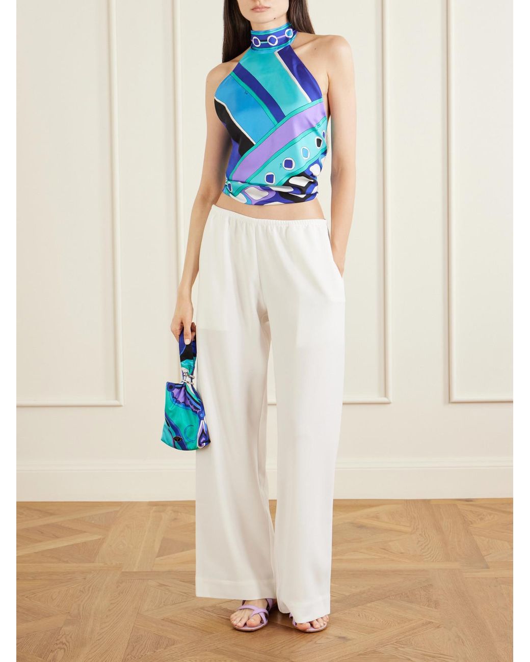 Emilio Pucci Blue Printed Silk-Twill Halterneck Top