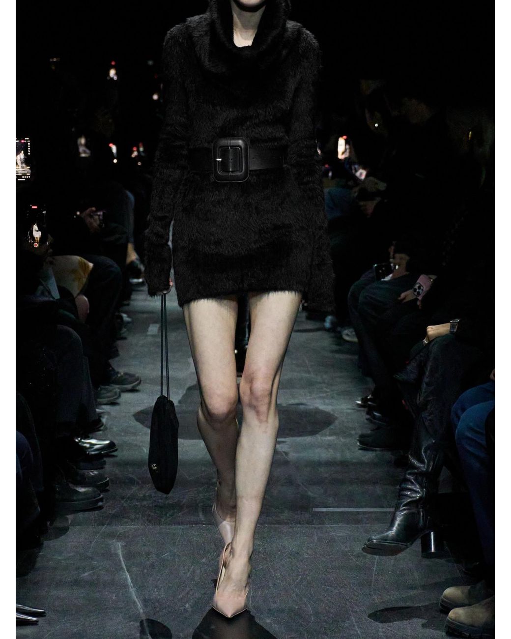 Balenciaga Black Belted Brushed-Knit Turtleneck Mini Dress