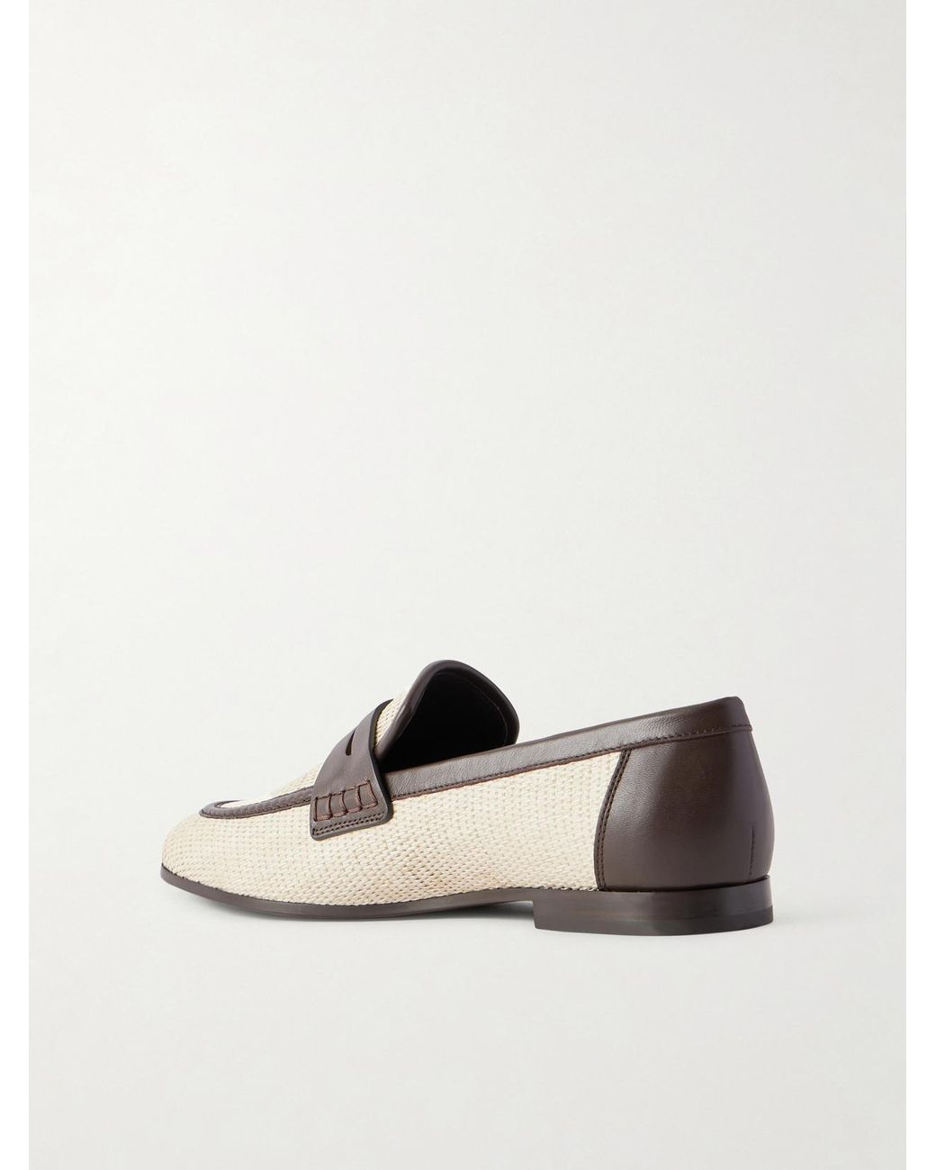 Brunello Cucinelli White Leather-Trimmed Raffia Penny Loafers