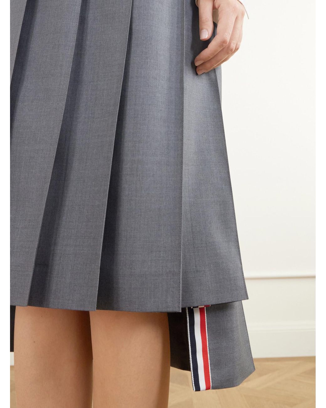 Thom Browne Blue Pleated 4-Bar Woven Wool Midi-Skirt