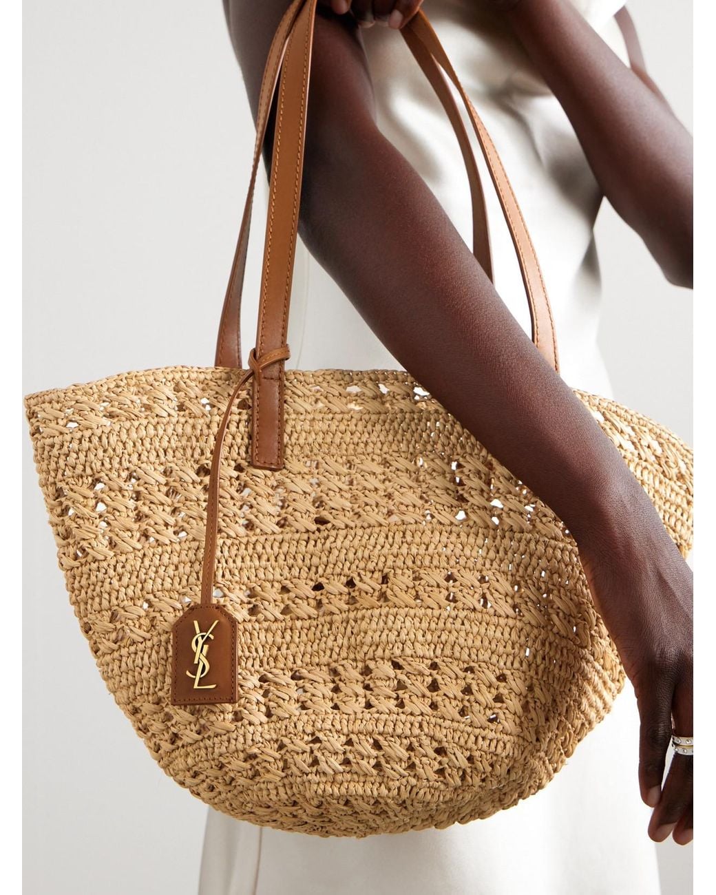Saint Laurent Natural Panier Small Leather-Trimmed Raffia Tote