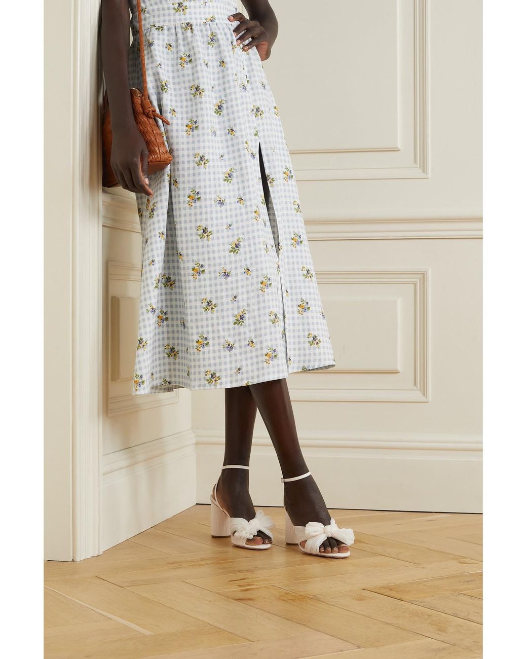 Loeffler Randall White Camellia Bow-Embellished Plissé-Organza Sandals