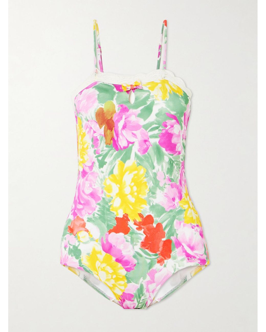 Chloé Gray Lace-Trimmed Floral-Print Swimsuit