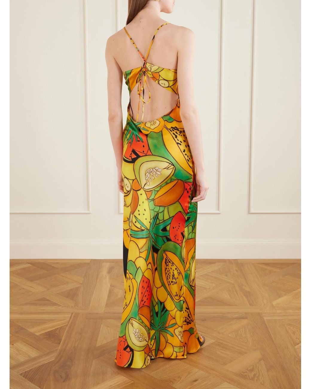 Donde Esteban White Frutas Printed Silk-Blend Satin Maxi Dress