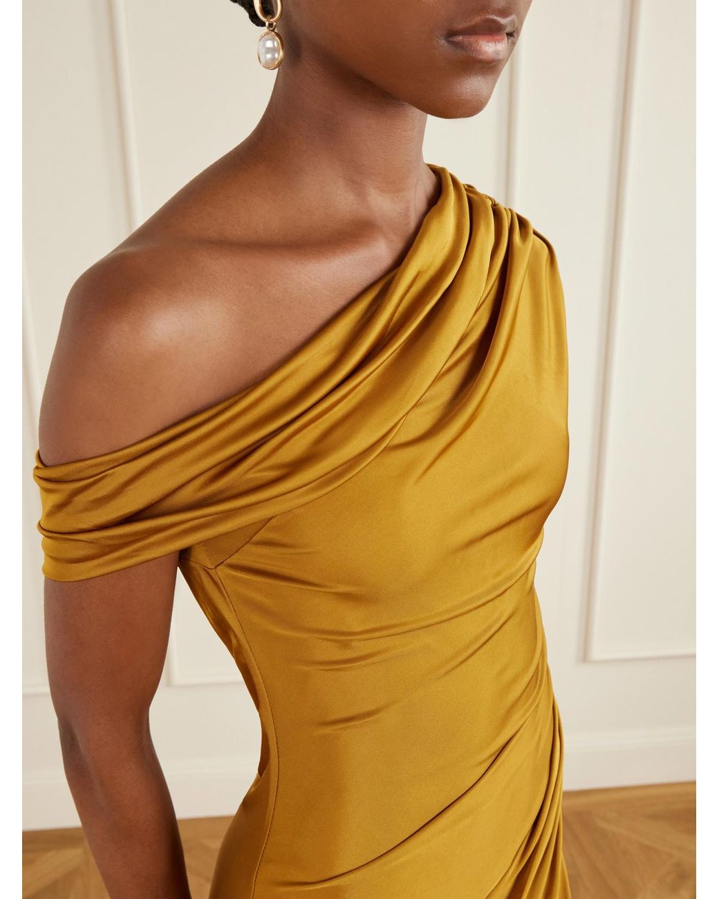 Galvan Metallic Off-The-Shoulder Draped Satin-Jersey Maxi Dress