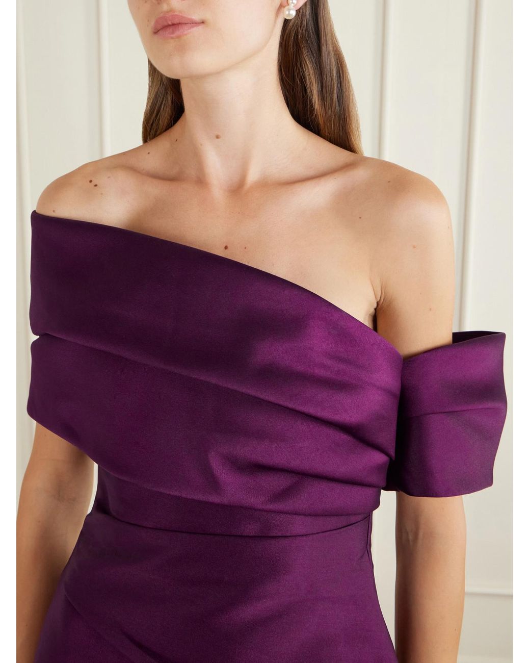 Solace London Purple Lucine Off-The-Shoulder Satin-Twill Gown