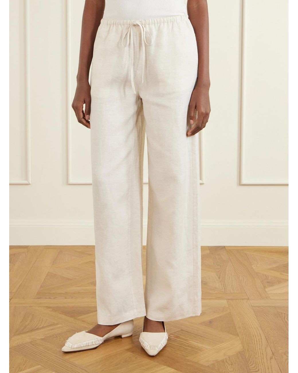 Staud White Mateo Linen Mid-Rise Wide-Leg Pants