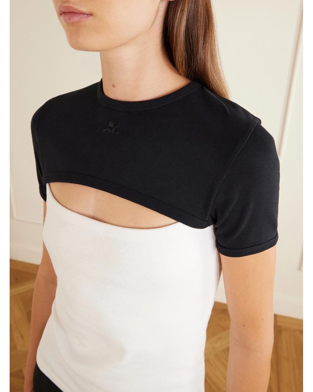 Courreges Black Slash Contrast Logo-Embroidered Cut-Out Cotton T-Shirt