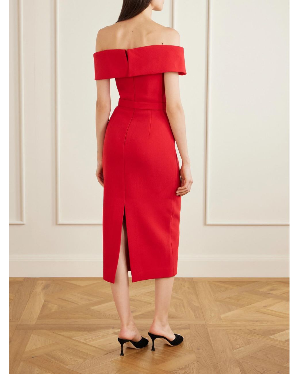 Rebecca Vallance Red Precious Off-The-Shoulder Belted Crepe Midi Dress